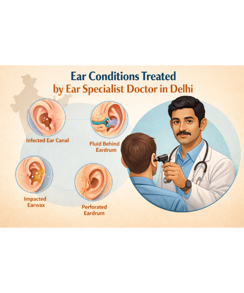 Ear conditions treated by an ear specialist doctor in Delhi at Kalyani Hospital including infections, hearing loss, tinnitus, and vertigo